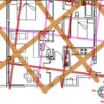 Plano de un piso en el que se ha hecho un estudio geobiológico y se han marcado en el plano las líneas Hartmann y Curry.