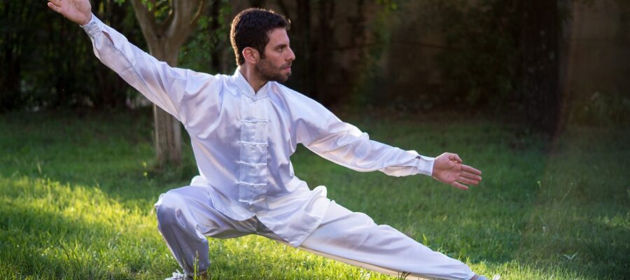 Un hombre joven practicando Tai Qi o Qi Gong en el parque, artes de la metafísica china.