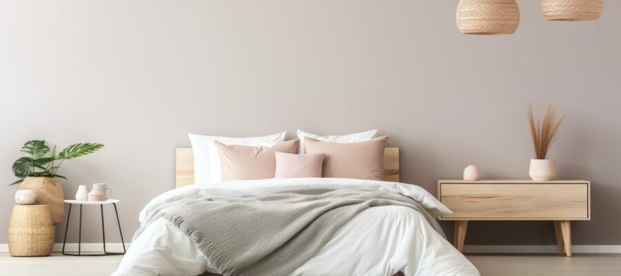 Un dormitorio apacible con colores beige, diseño minimalista y materiales naturales, ideales para crear una casa sana.