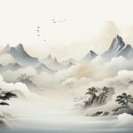 Pintura de un paisaje oriental, con montañas altas, árboles, niebla, nubes y un lago. Energías que tiene en cuenta el Feng Shui.