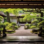 Patio interior de una casa oriental. Muestra un jardín zen con plantas. Muestra materiales naturales para una decoración de una casa sana aplicando la sabiduría oriental.