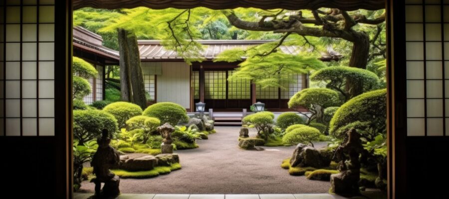 Patio interior de una casa oriental. Muestra un jardín zen con plantas. Muestra materiales naturales para una decoración de una casa sana aplicando la sabiduría oriental.